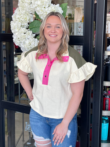 Ruffle-Sleeved cream Blouse with Olive & Hot Pink Details