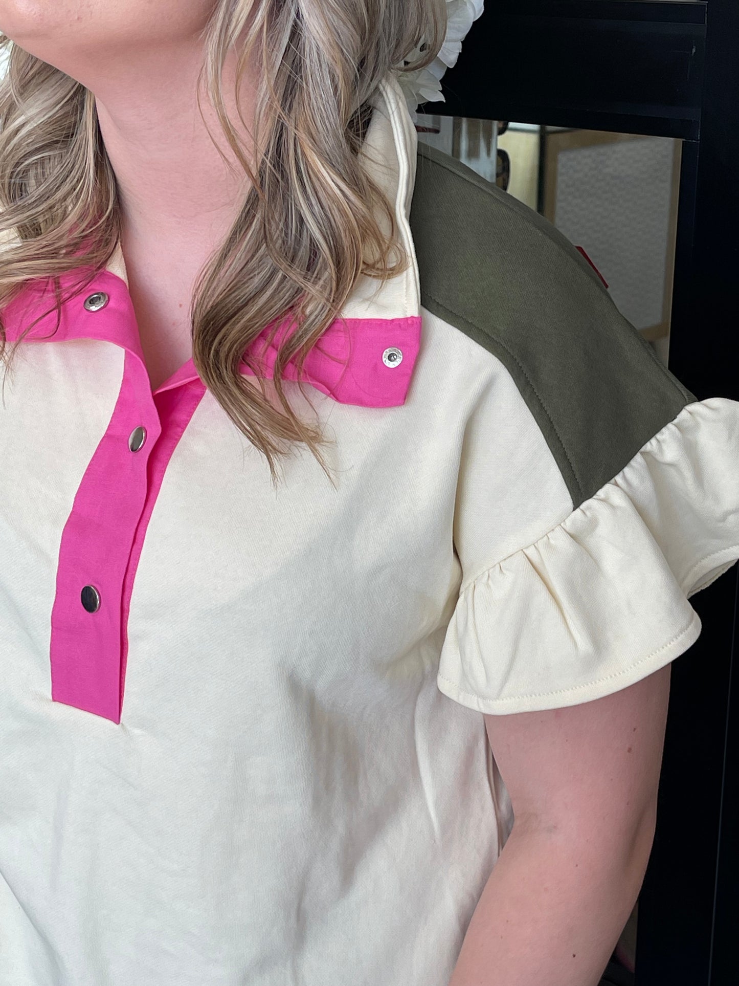 Ruffle-Sleeved cream Blouse with Olive & Hot Pink Details