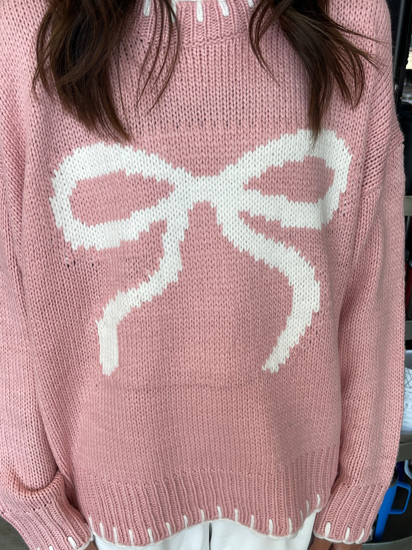 Muted Pink Sweater with Cream Bow & Stitch Trim