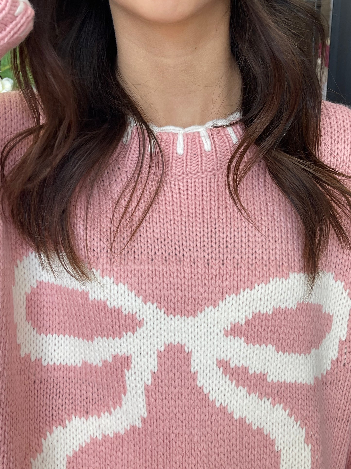 Muted Pink Sweater with Cream Bow & Stitch Trim