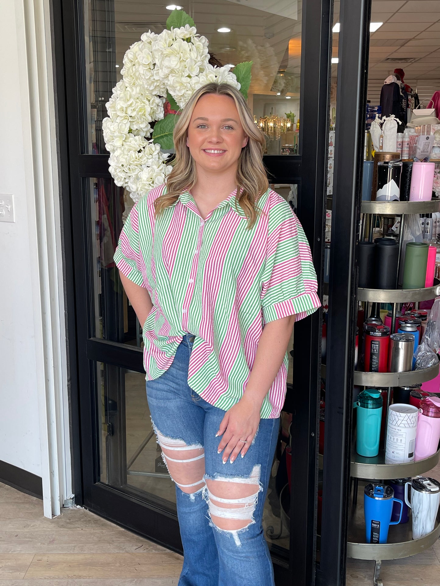 Pink & Green Striped Collared Top