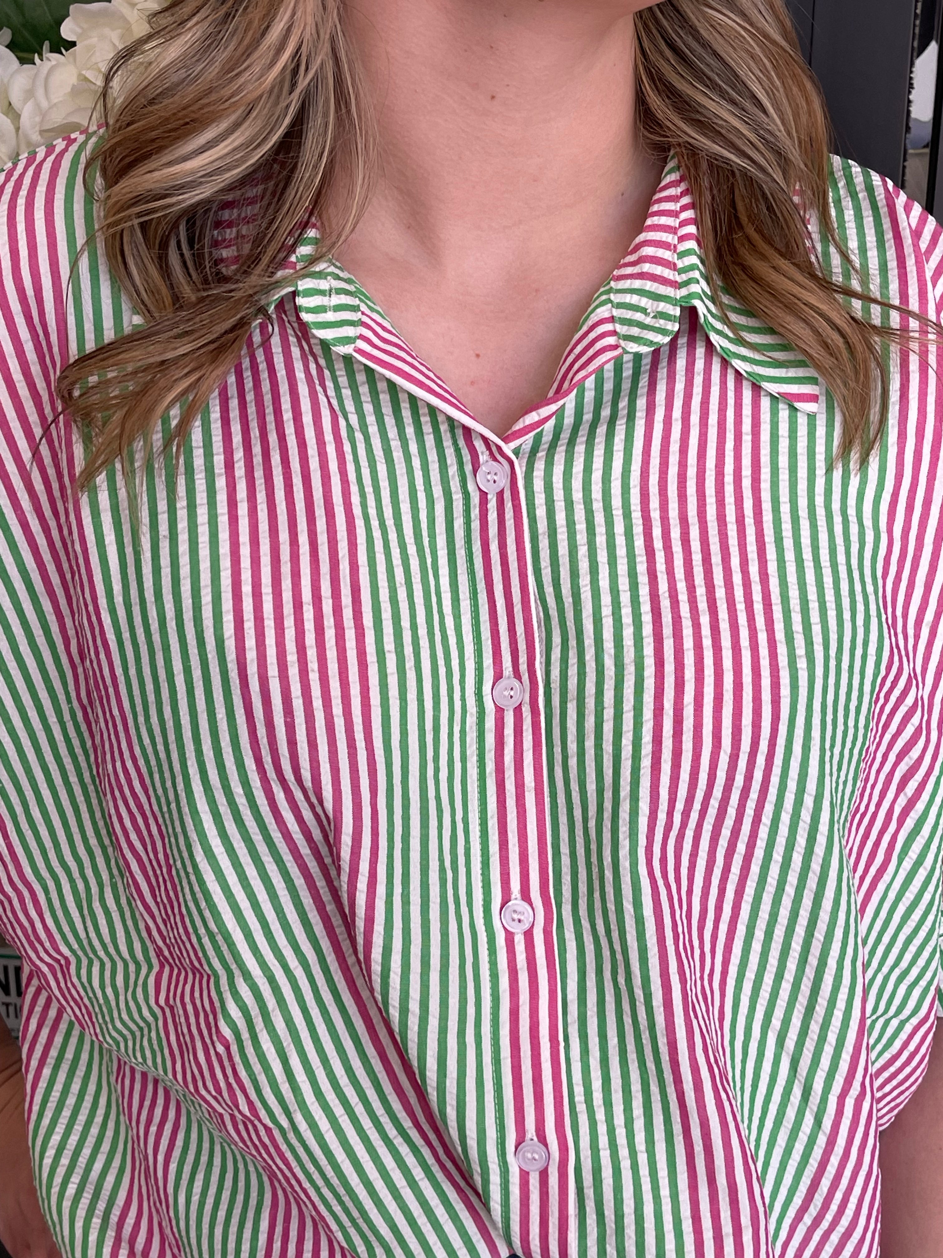 Pink & Green Striped Collared Top