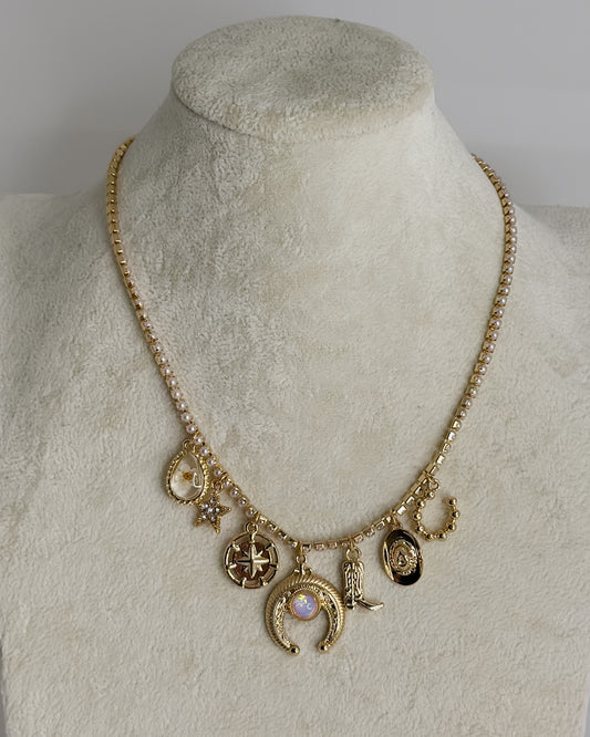 GOLD PEARL EMBELLISHED WESTERN CHARM NECKLACE