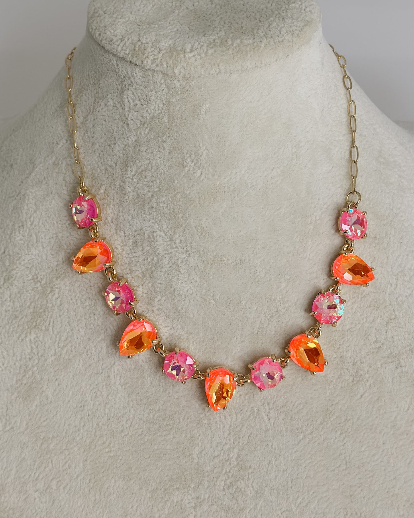 GOLD LINK NECKLACE WITH NEON PINK & ORANGE GEMS