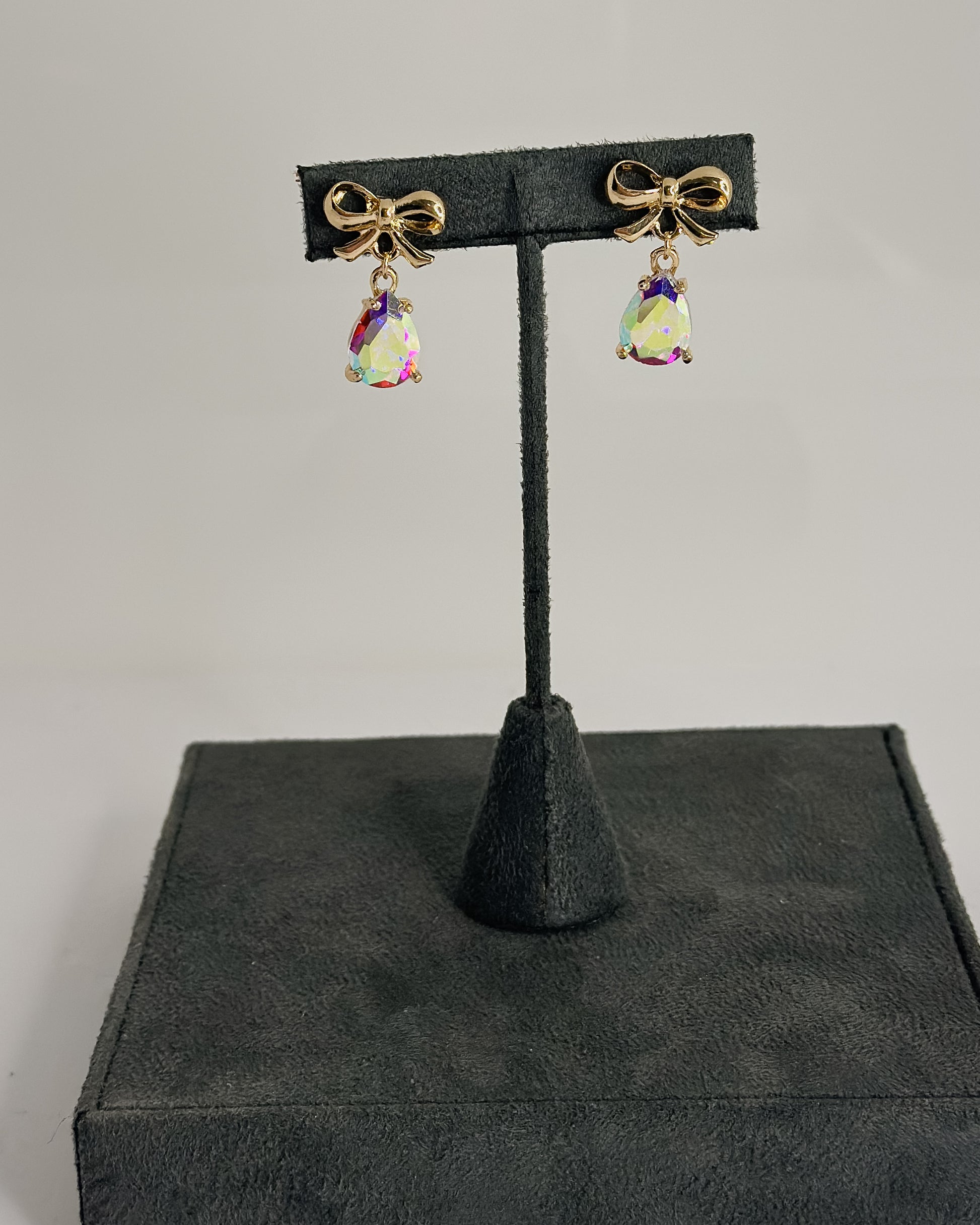 GOLD BOW WITH IRIDESCENT TEAR DROP GEM EARRINGS - Pharm Favorites by Economy Pharmacy