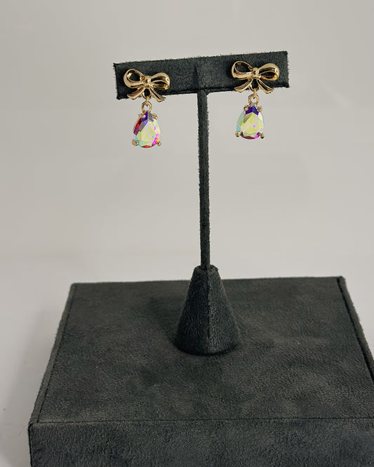 GOLD BOW WITH IRIDESCENT TEAR DROP GEM EARRINGS - Pharm Favorites by Economy Pharmacy
