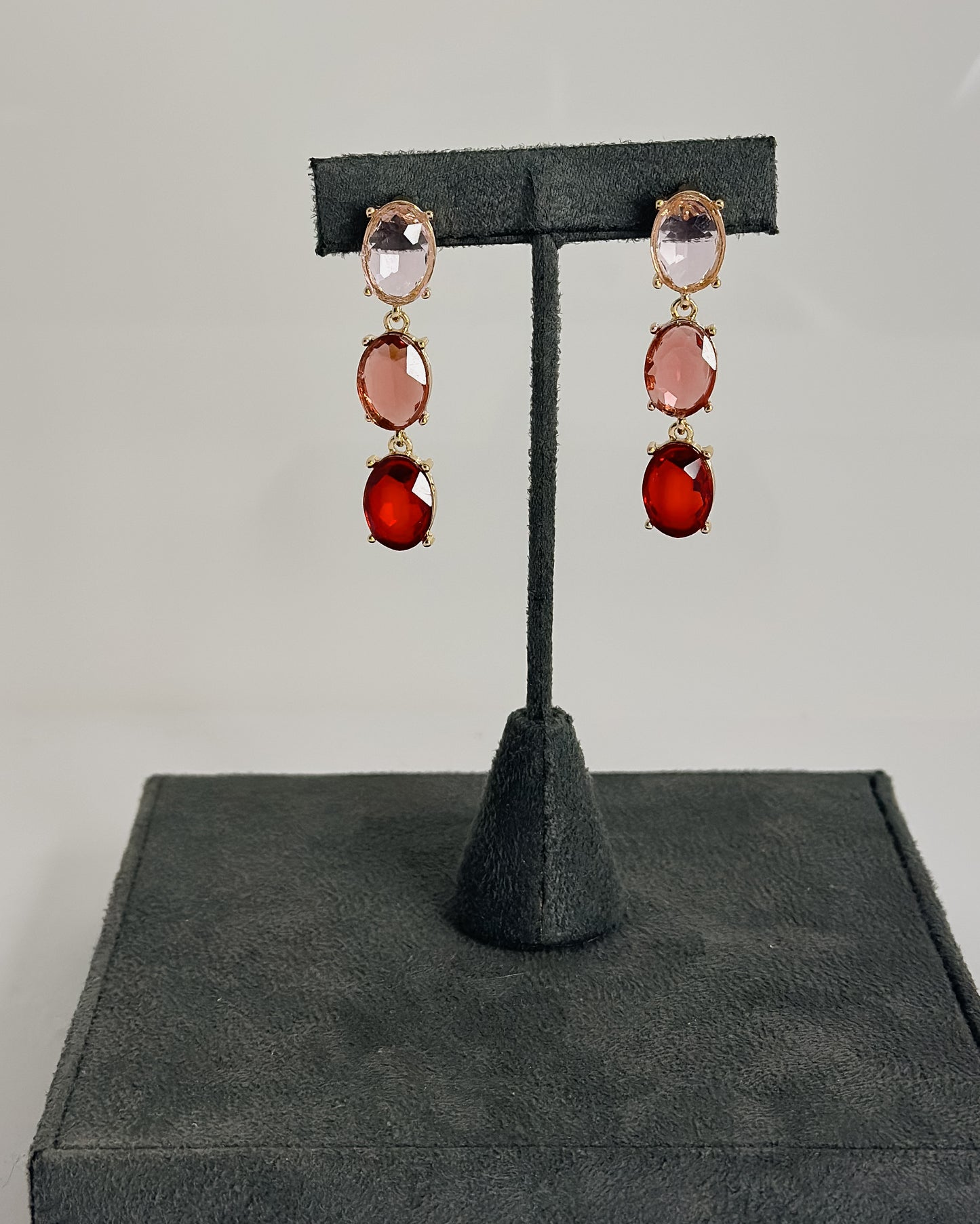 THREE TIER DROP EARRINGS W/MULTI RED & PINK GEMS