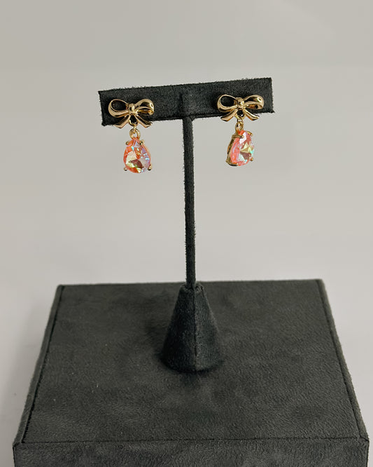 GOLD BOW WITH IRIDESCENT TEAR DROP GEM EARRINGS - Pharm Favorites by Economy Pharmacy
