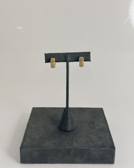 GOLD TEXTURED HUGGIE EARRINGS WITH RHINESTONE INLAY