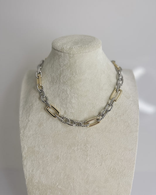 GOLD & SILVER LINK NECKLACE WITH MAGNETIC GOLD KNOT CLASP