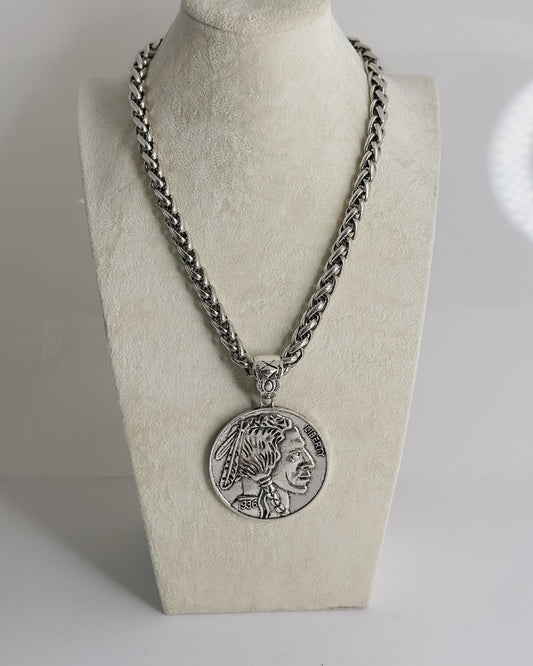 SILVER OVERSIZED BUFFALO NICKEL ON GOLD CHAIN NECKLACE