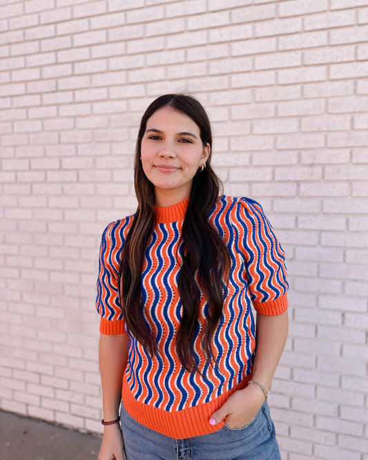 SHORT SLEEVE WAVY BLUE & ORANGE STRIPED TOP - Pharm Favorites by Economy Pharmacy