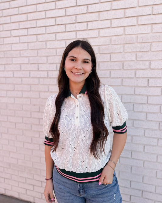 WHITE STRIPE RIBBED KNIT COLLARED FLORAL EYELET TOP - Pharm Favorites by Economy Pharmacy