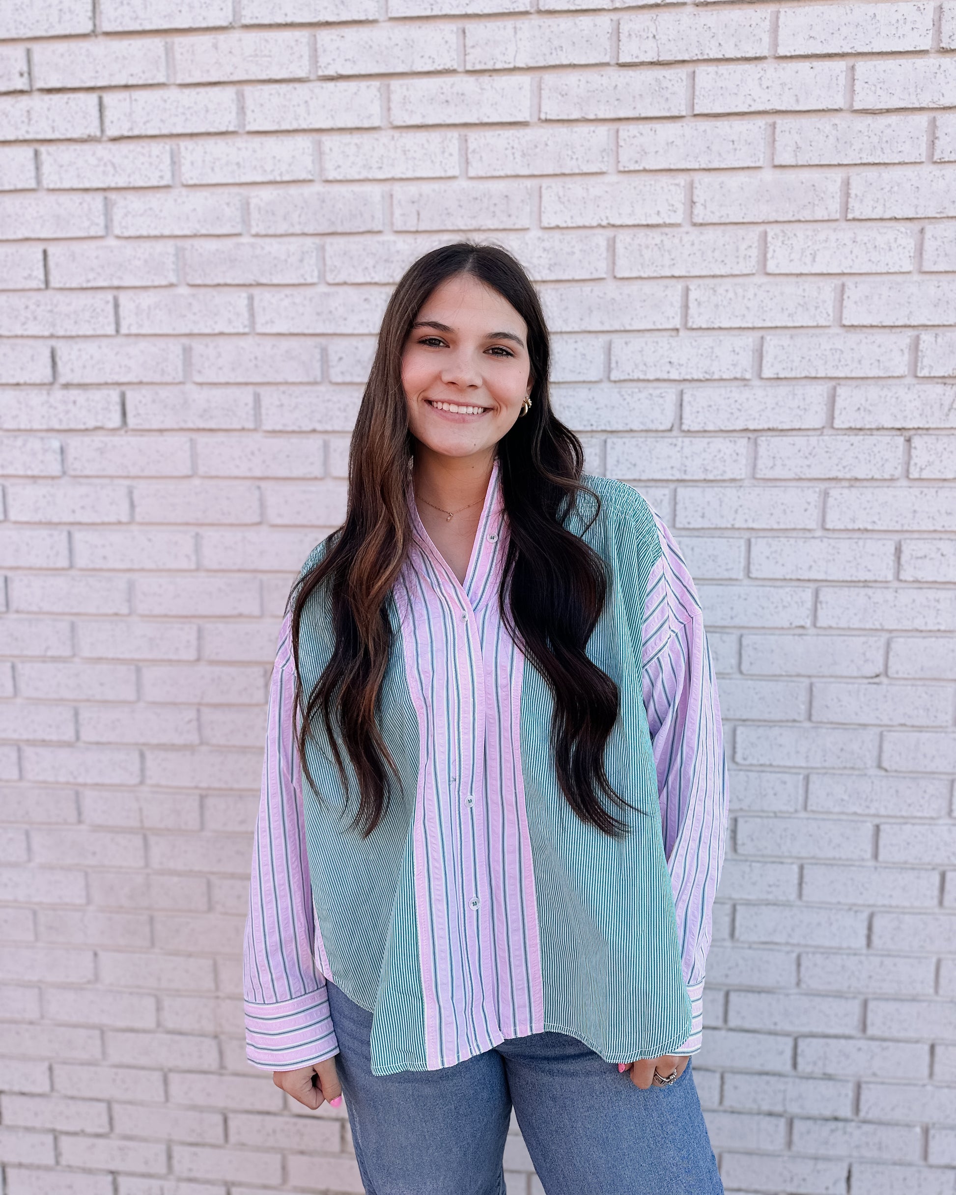 STRIPE SHIRRING LT PINK AND GREEN DETAIL SHIRT - Pharm Favorites by Economy Pharmacy
