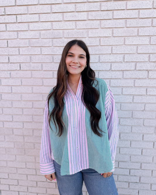 STRIPE SHIRRING LT PINK AND GREEN DETAIL SHIRT - Pharm Favorites by Economy Pharmacy