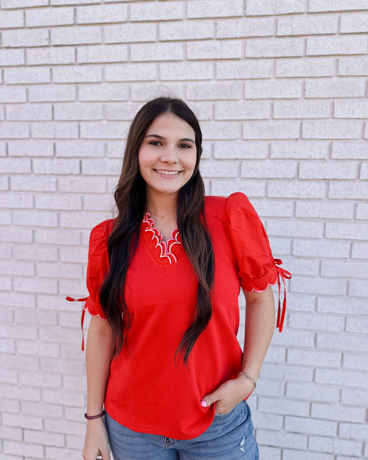 RED BLOUSE WITH PINK SCALLOP - Pharm Favorites by Economy Pharmacy