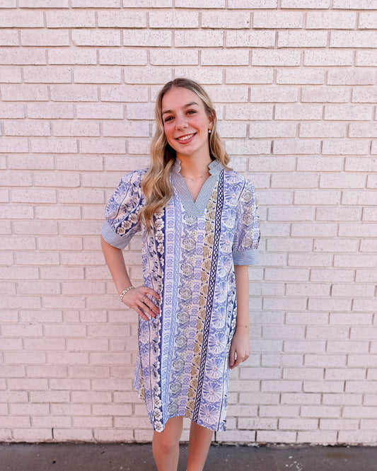 Striped Band Detailed Floral Print Embroidered Dress - Pharm Favorites by Economy Pharmacy