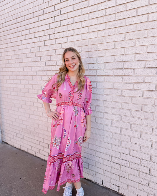 PINK FLORAL COLLAGE PRINT V-NECK MIDI DRESS - Pharm Favorites by Economy Pharmacy