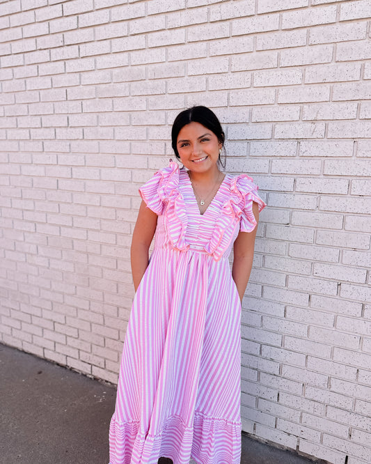 RUFFLE STRIPED PINK MIDI DRESS - Pharm Favorites by Economy Pharmacy