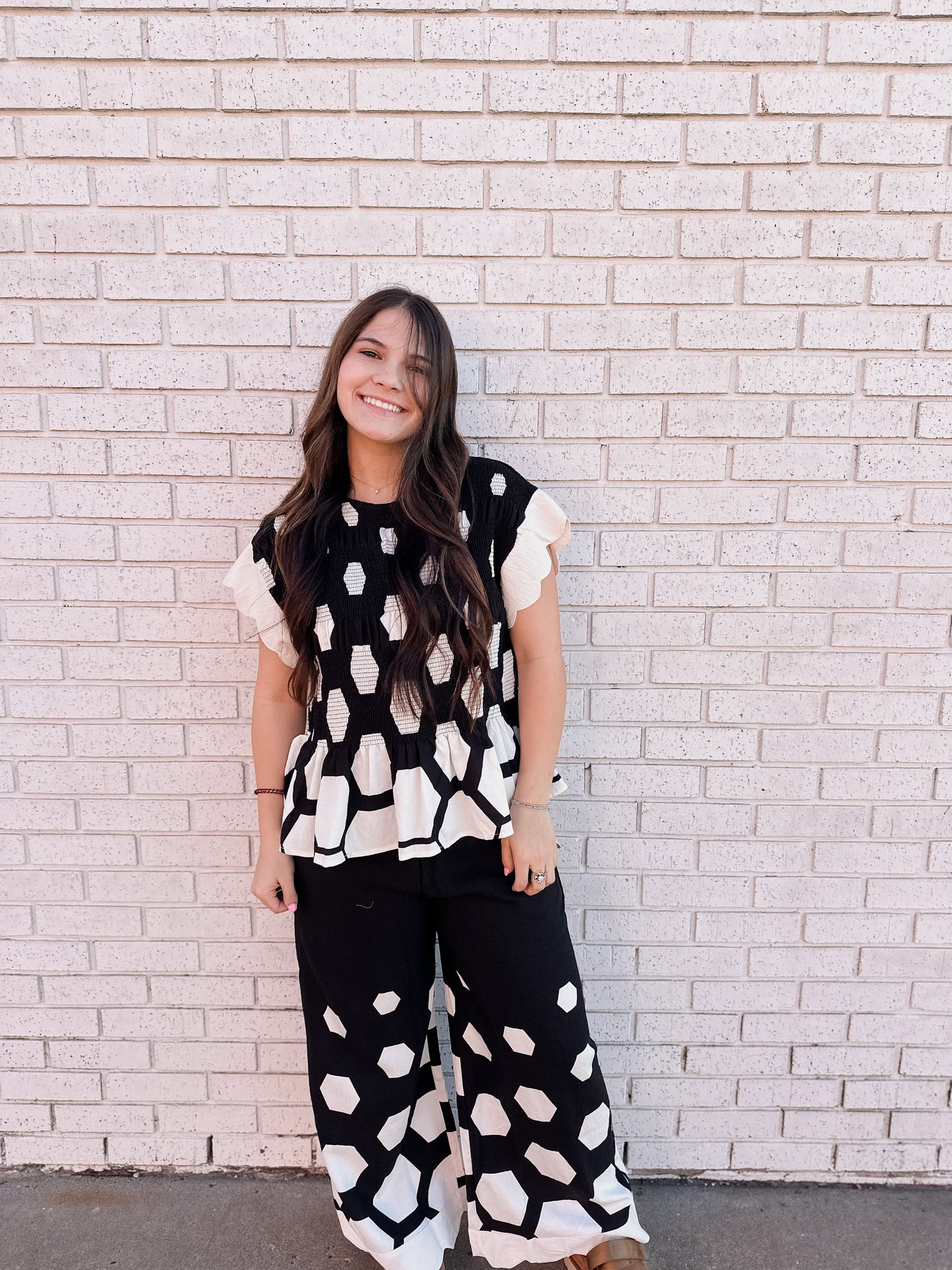 HEXAGON PRINT PEPLUM TOP AND PANT SET - Pharm Favorites by Economy Pharmacy