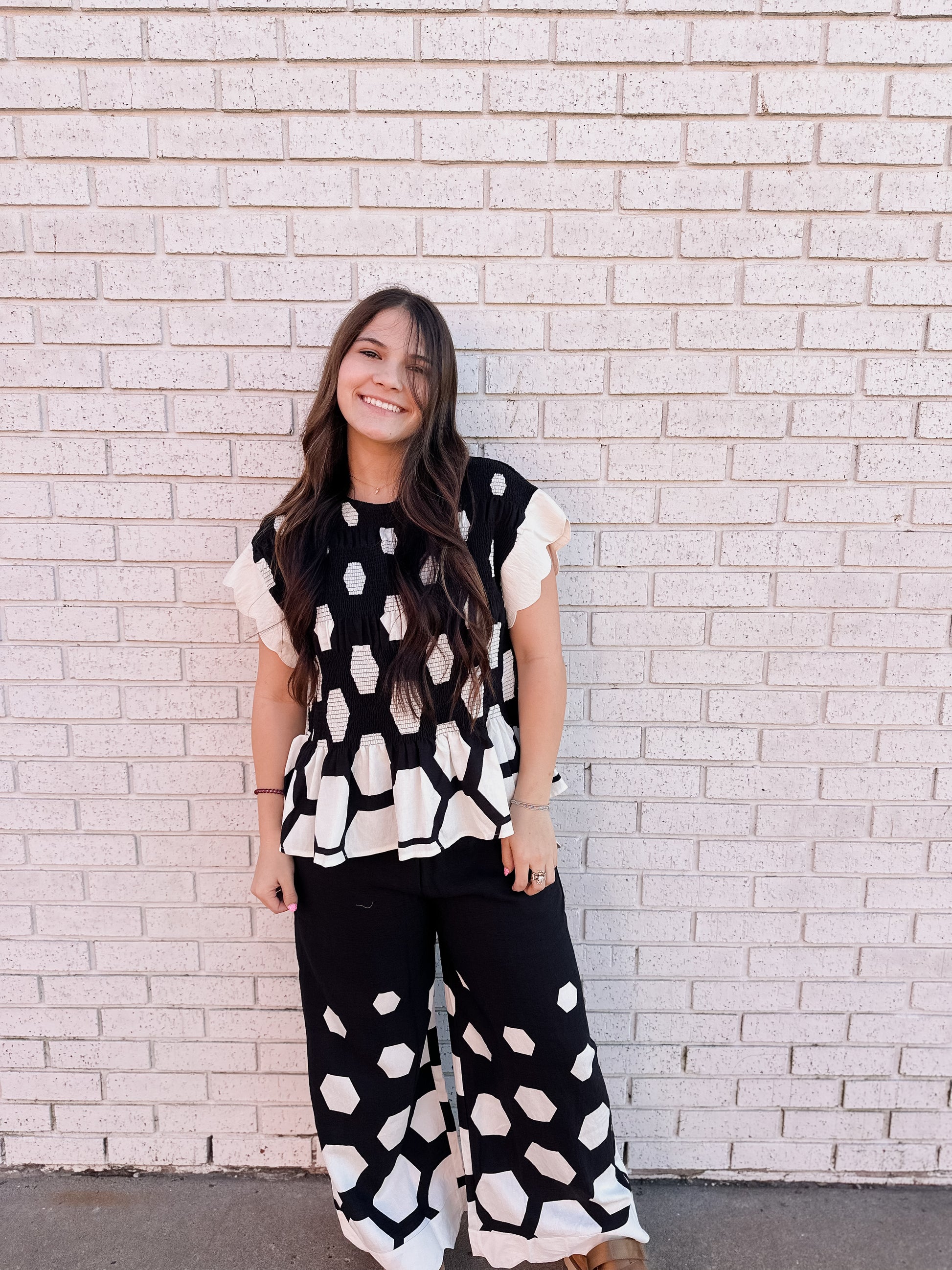 HEXAGON PRINT PEPLUM TOP AND PANT SET - Pharm Favorites by Economy Pharmacy
