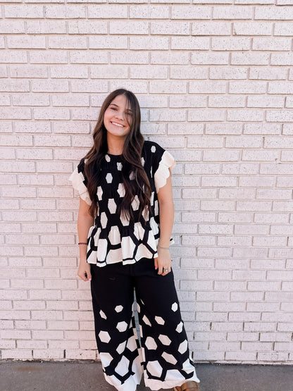 HEXAGON PRINT PEPLUM TOP AND PANT SET - Pharm Favorites by Economy Pharmacy