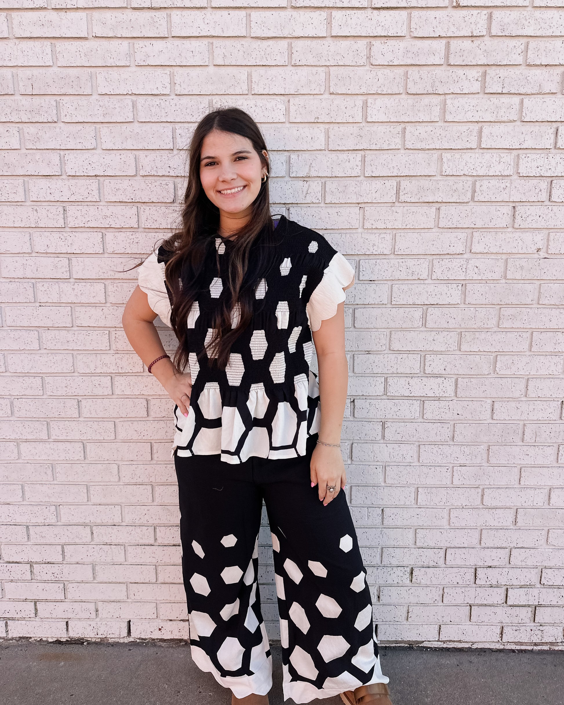 HEXAGON PRINT PEPLUM TOP AND PANT SET - Pharm Favorites by Economy Pharmacy