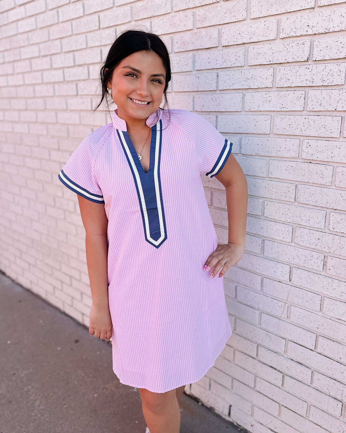SHORT SLEEVE STRIPED TEXTURED DRESS - PINK - Pharm Favorites by Economy Pharmacy