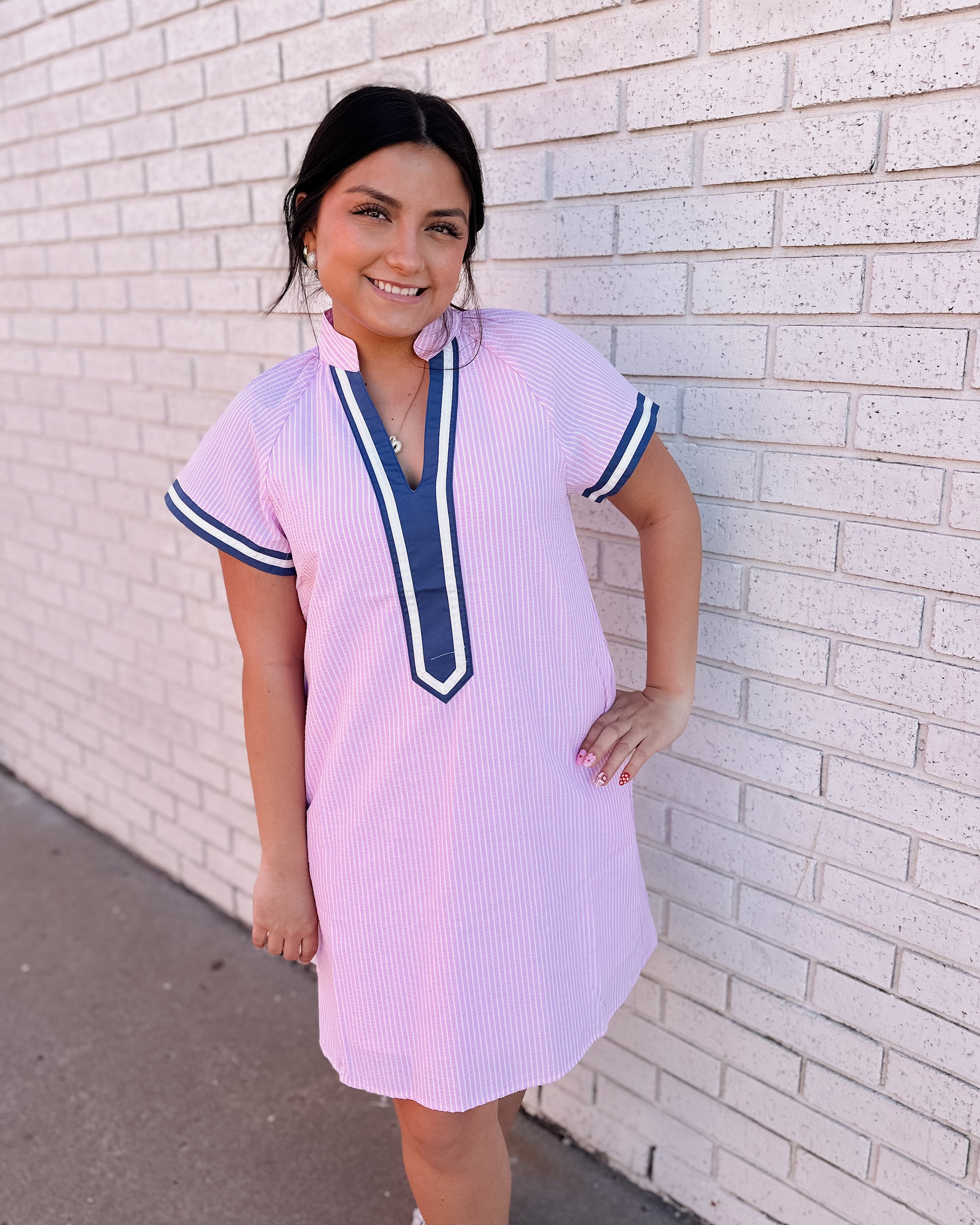 SHORT SLEEVE STRIPED TEXTURED DRESS - PINK - Pharm Favorites by Economy Pharmacy