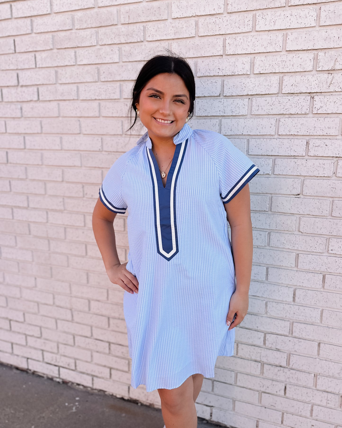 SHORT SLEEVE STRIPED TEXTURED DRESS - BLUE - Pharm Favorites by Economy Pharmacy