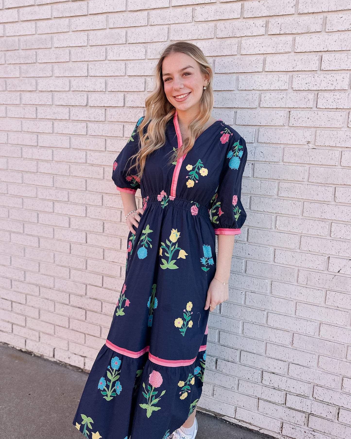 NAVY PETAL PARADE PRINT MIDI DRESS - Pharm Favorites by Economy Pharmacy