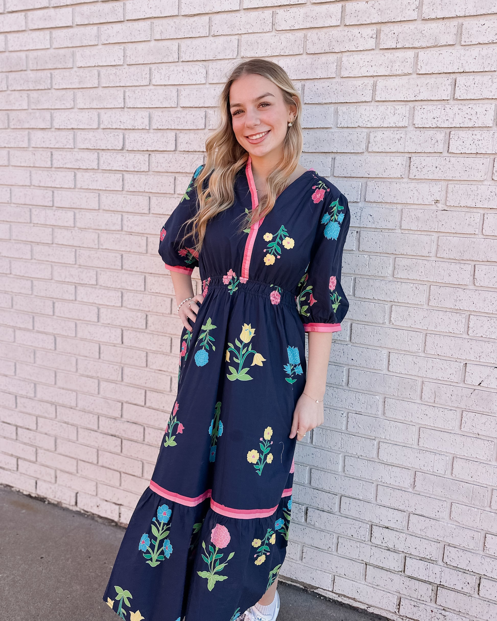 NAVY PETAL PARADE PRINT MIDI DRESS - Pharm Favorites by Economy Pharmacy