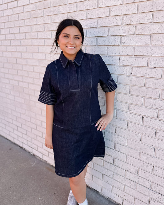 SHORT SLEEVE COLLARED V-NECK DENIM BLUE DRESS - Pharm Favorites by Economy Pharmacy