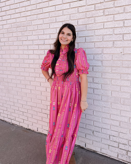 VIBRANT PEONY RUFFLE SMOCKED MIDI DRESS - Pharm Favorites by Economy Pharmacy