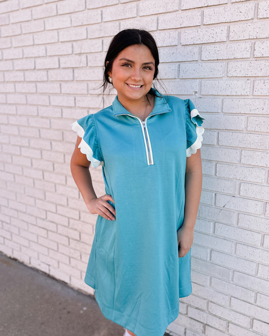 ZIP-NECK FLUTTER SLEEVE DRESS - Pharm Favorites by Economy Pharmacy