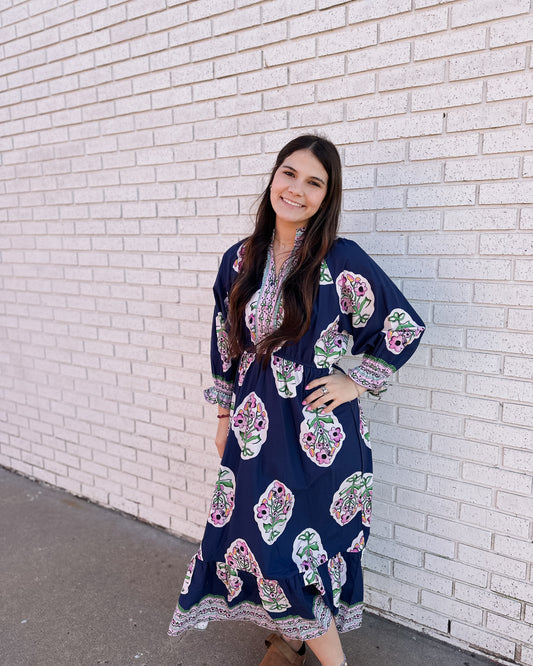 NAVY FLOWER PATCH BOARDER PRINT V-NECK MIDI DRESS - Pharm Favorites by Economy Pharmacy