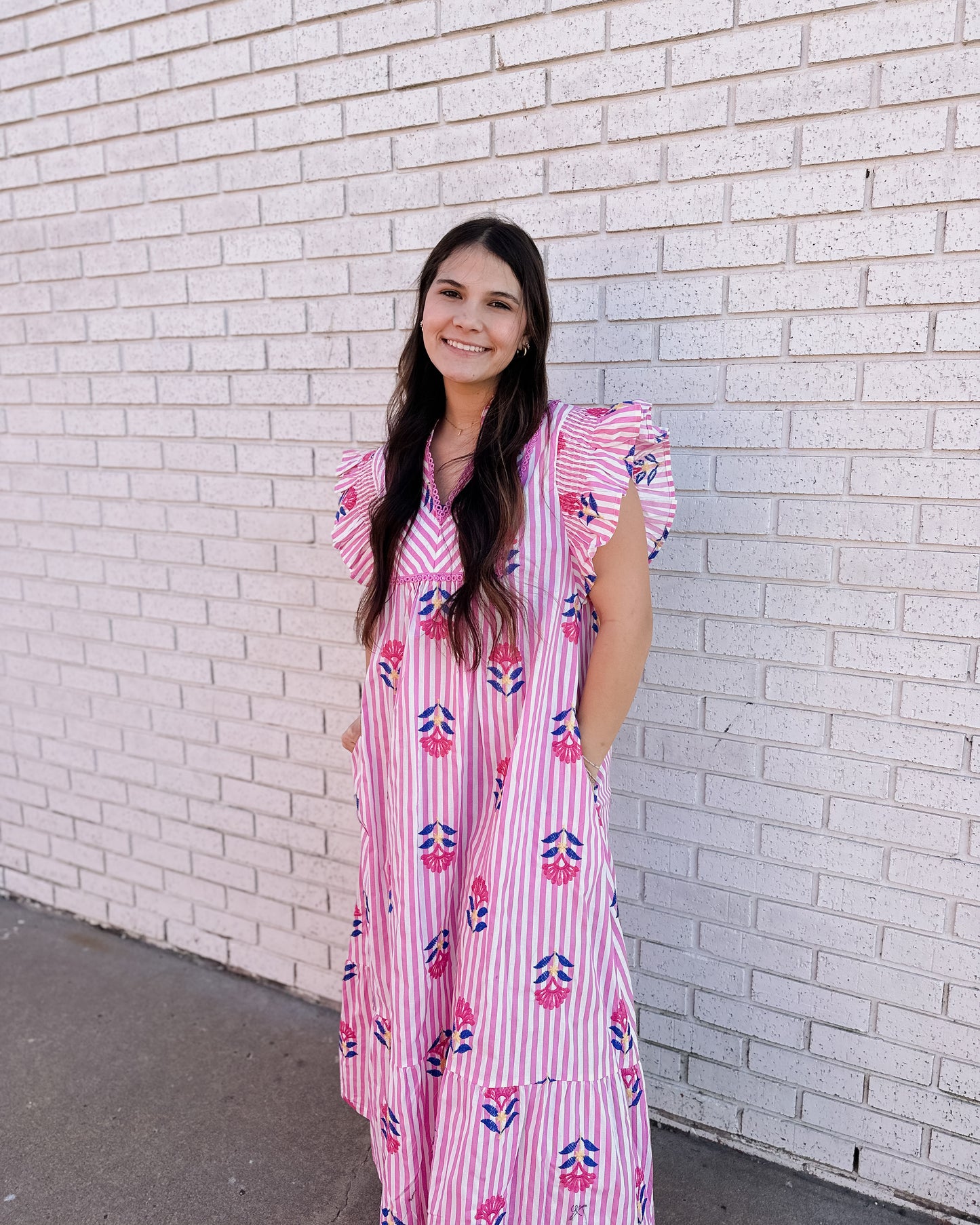 STRIPE AND FLORAL PINK FLUTTER SLEEVE TIERED MIDI DRESS - Pharm Favorites by Economy Pharmacy