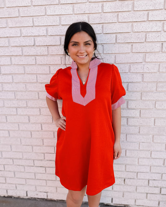 RED MINI DRESS WITH STRIPE CONTRAST ACCENT - Pharm Favorites by Economy Pharmacy