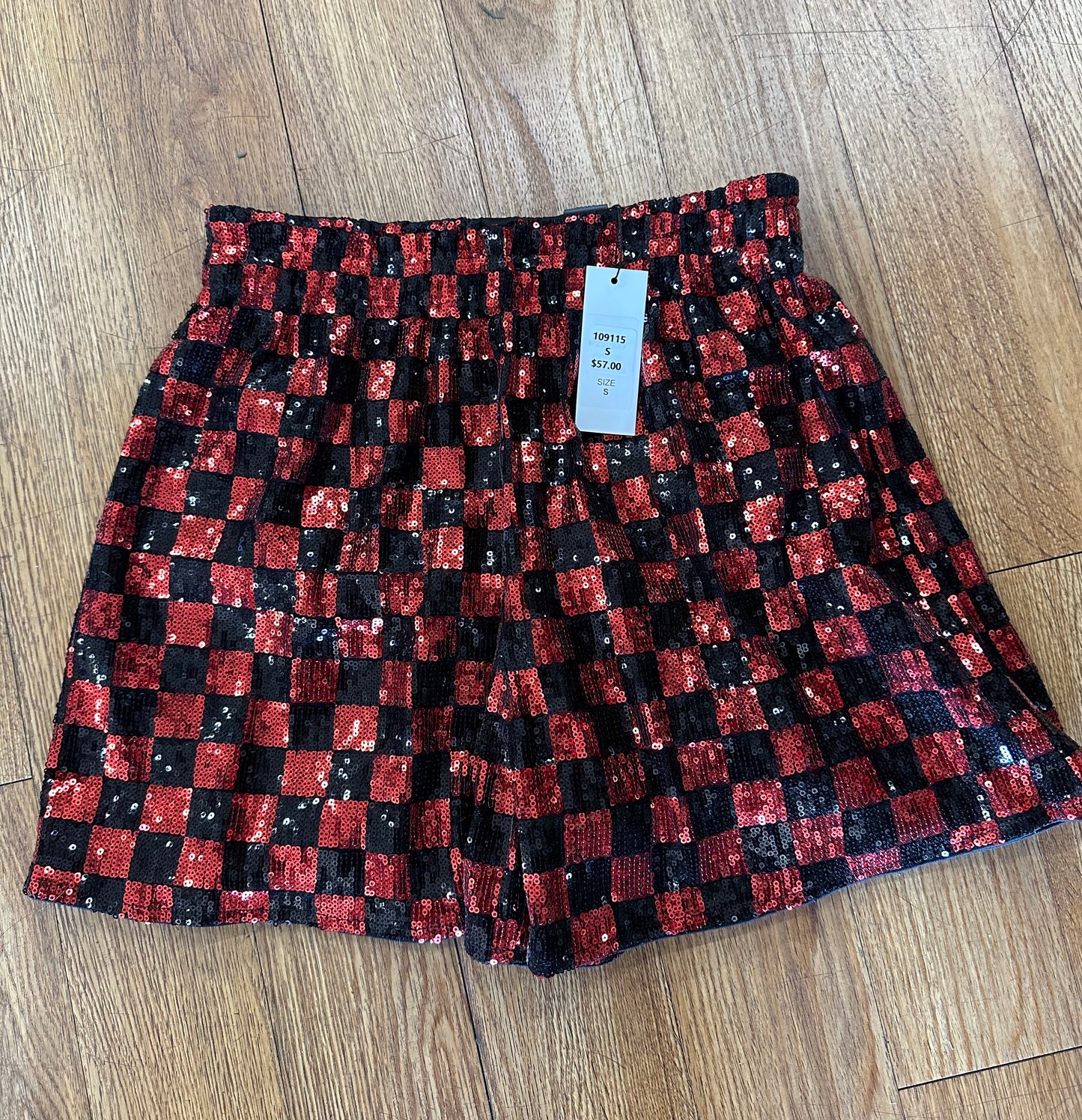 RED CHECKERED SEQUIN SHORTS
