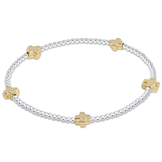 SIGNATURE CROSS SMALL STERLING MIXED METAL PATTERN 2MM BEAD BRACELET - GOLD