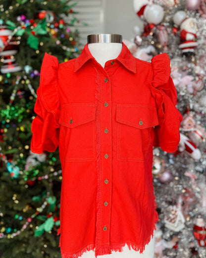 LINEN BUTTON UP SHIRT WITH RUFFLED GATHERED SLEEVE - TOMATO