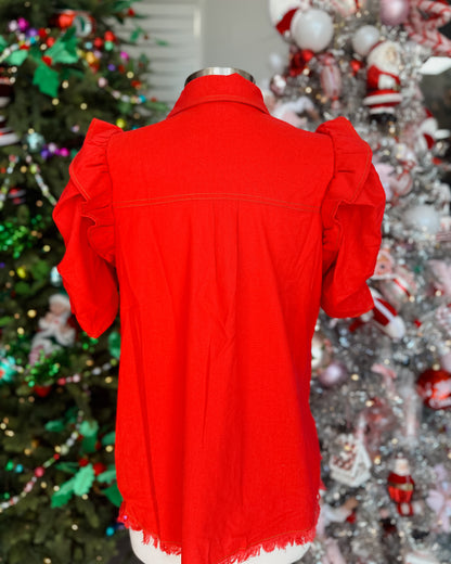 LINEN BUTTON UP SHIRT WITH RUFFLED GATHERED SLEEVE - TOMATO
