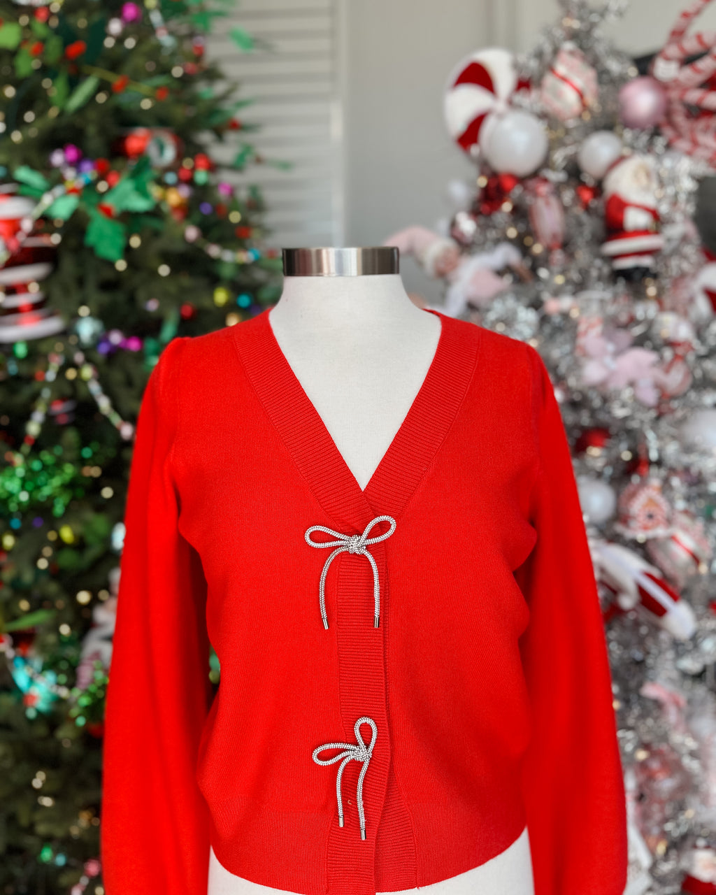 RED RIBBON TRIM PUFF SLEEVE SWEATER