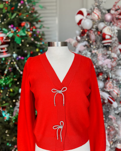 RED RIBBON TRIM PUFF SLEEVE SWEATER