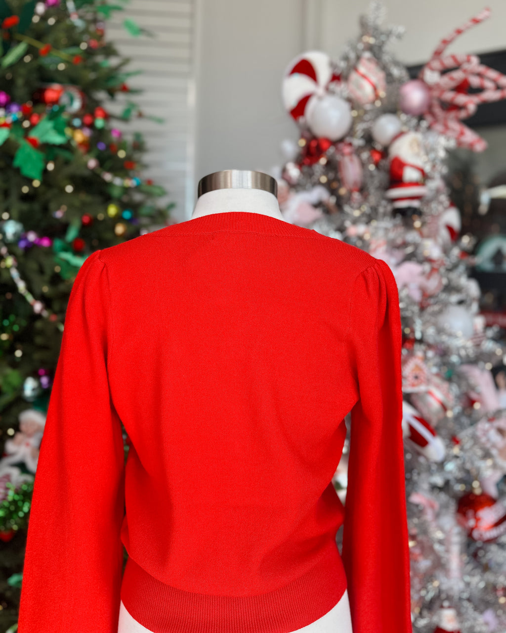 RED RIBBON TRIM PUFF SLEEVE SWEATER