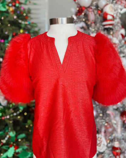 RED FLUFFY FAUX FUR SHORT SLEEVE TOP