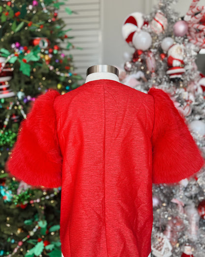 RED FLUFFY FAUX FUR SHORT SLEEVE TOP