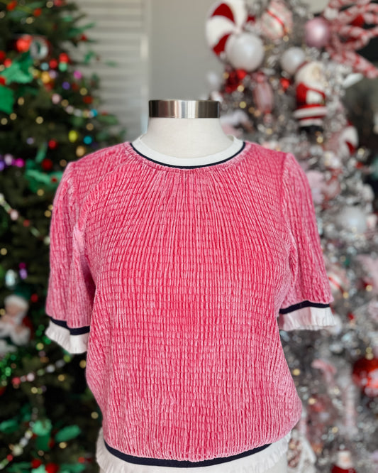 PINK VELVET TOP WITH RUFFLE ACCENT STRIPED BAND