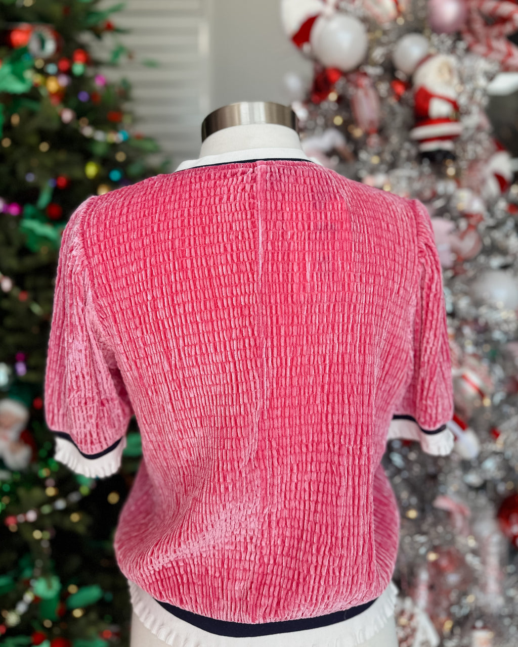 PINK VELVET TOP WITH RUFFLE ACCENT STRIPED BAND