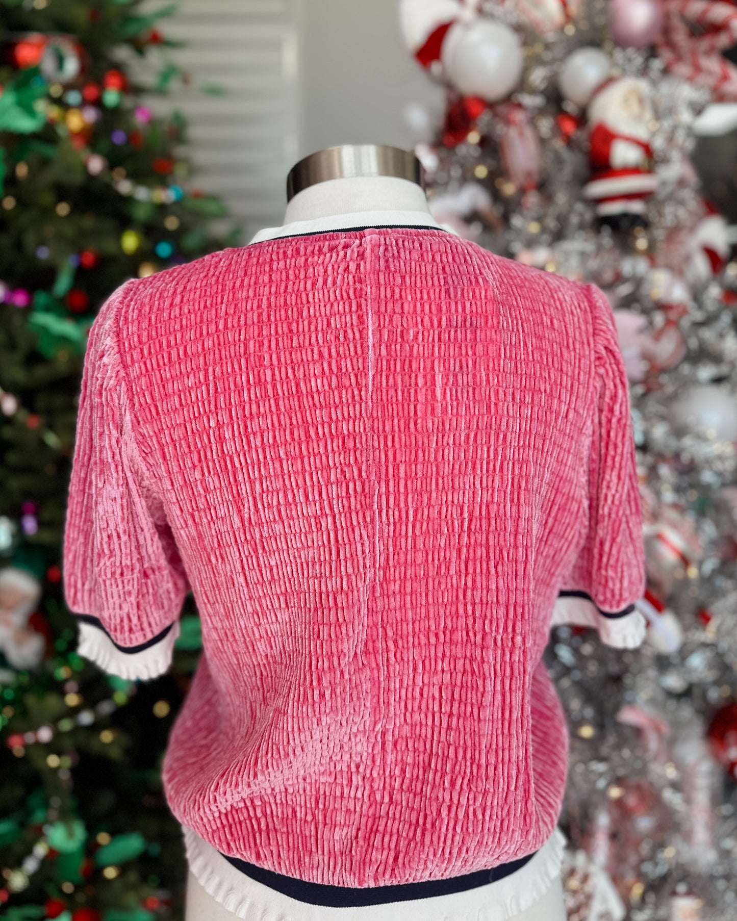 PINK VELVET TOP WITH RUFFLE ACCENT STRIPED BAND